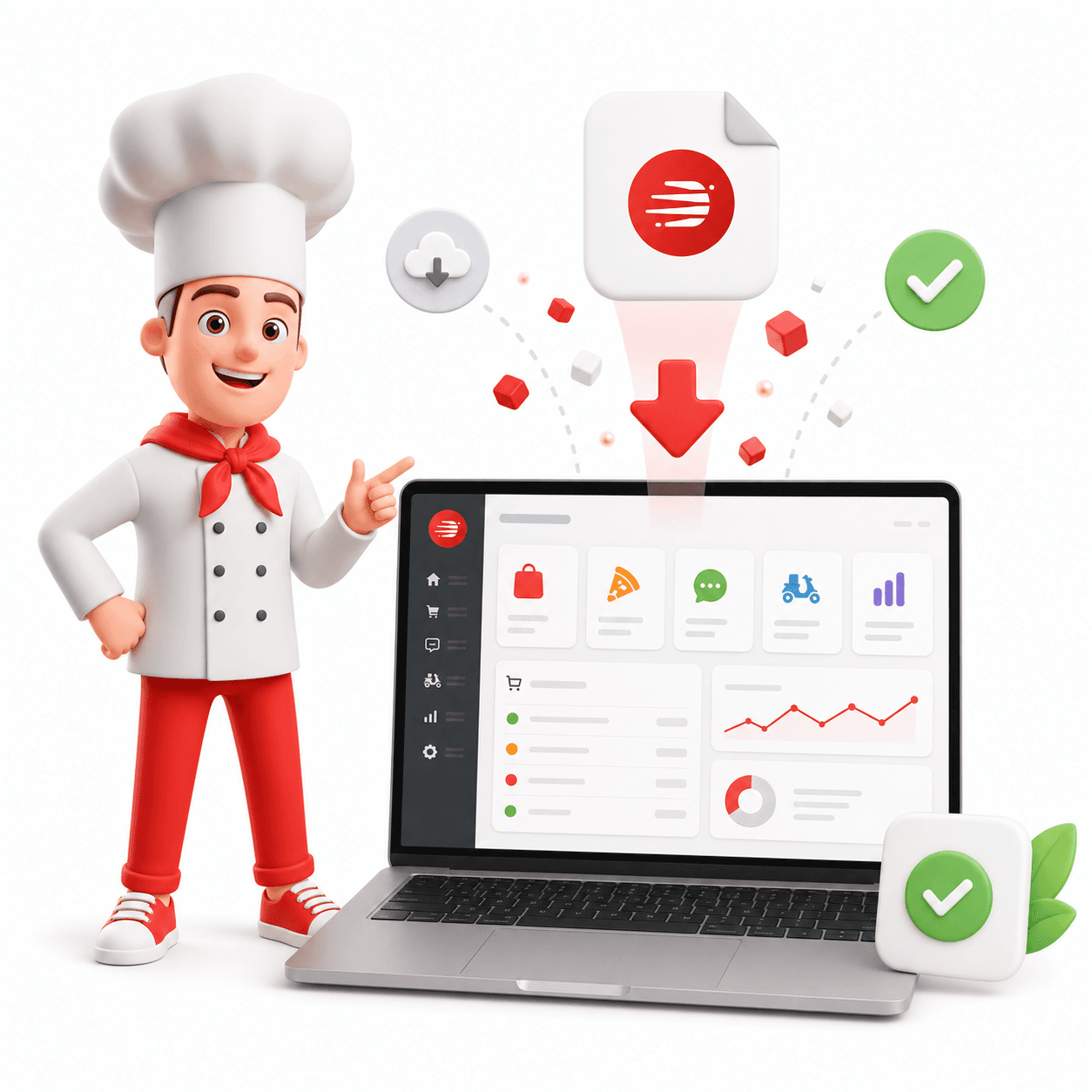 Eddie, o mascote da Expresso Delivery, ao lado de um notebook baixando o Gerenciador de Pedidos