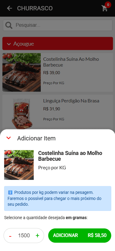 Item vendido por quilo com seleção de gramas