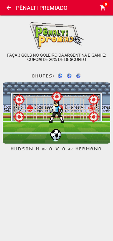 Tela do jogo Pênalti Premiado no app do cliente