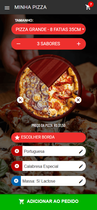Montador interativo de pizzas do aplicativo do cliente