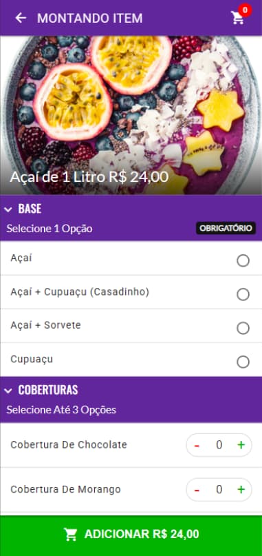 Montagem de açaí no aplicativo próprio