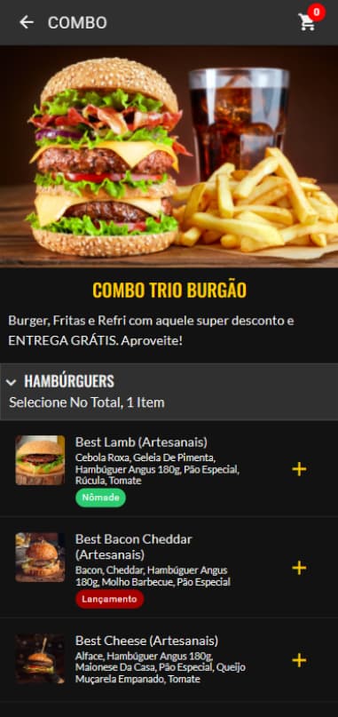 Combo de hambúrguer no aplicativo próprio da hamburgueria