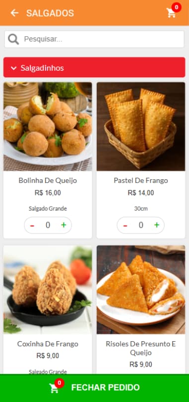Cardápio de salgados em cards com foto e preço