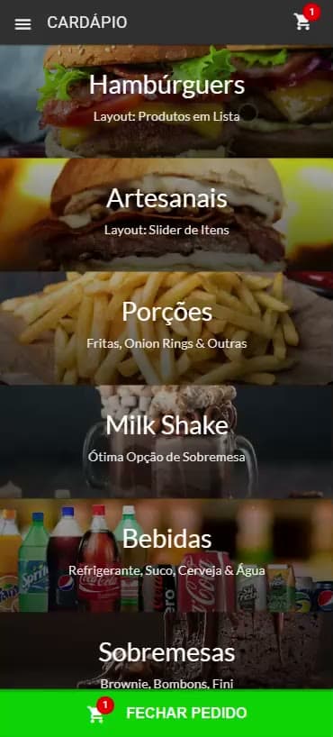 Cardápio de hambúrgueres com fotos, tags e preços, no app próprio