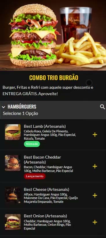 Tela de combo de hambúrguer com brinde e lista