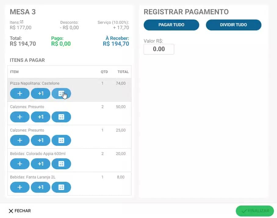 Tela de fechamento e divisão de conta de mesa
