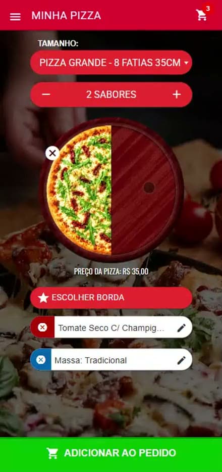 Vídeo do montador de pizzas com seleção de sabores e bordas
