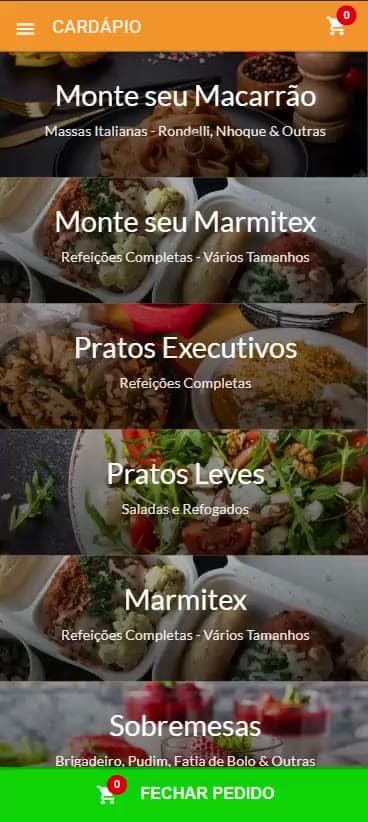 Cardápio de restaurante com categorias e fotos, no app próprio