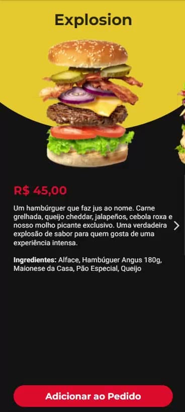 Página de produto do hambúrguer com foto grande e ingredientes em destaque
